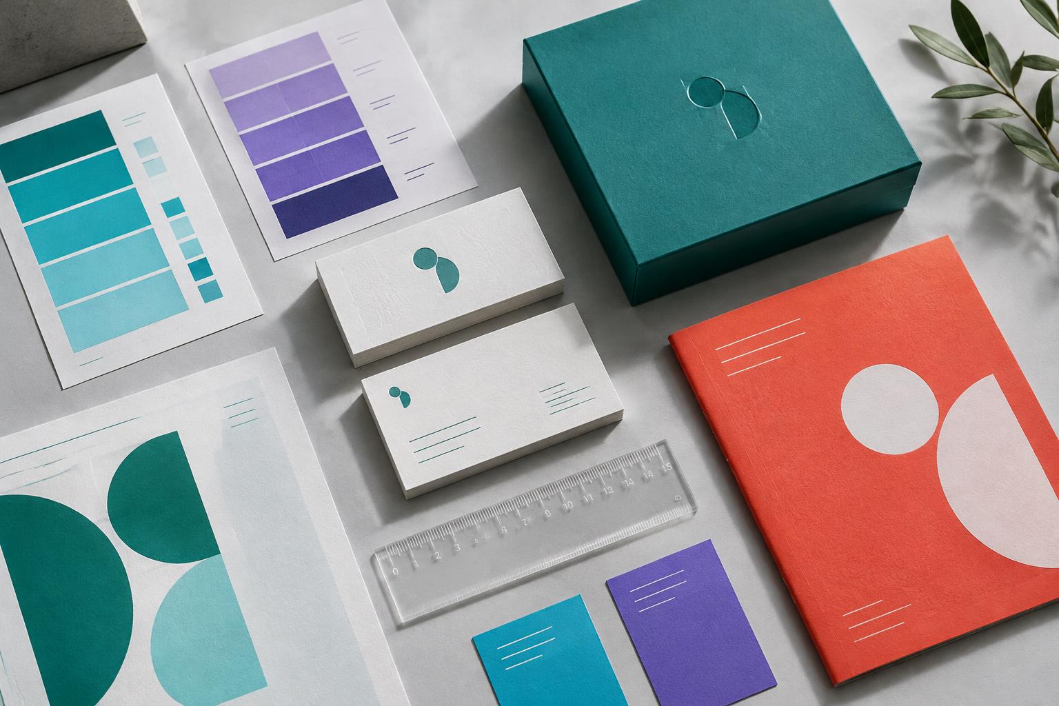Coordinated brand identity with business cards, colour swatches, and packaging