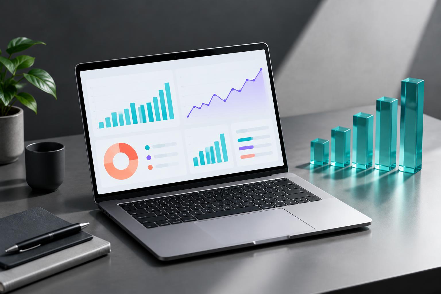 Laptop displaying campaign analytics beside translucent chart bars