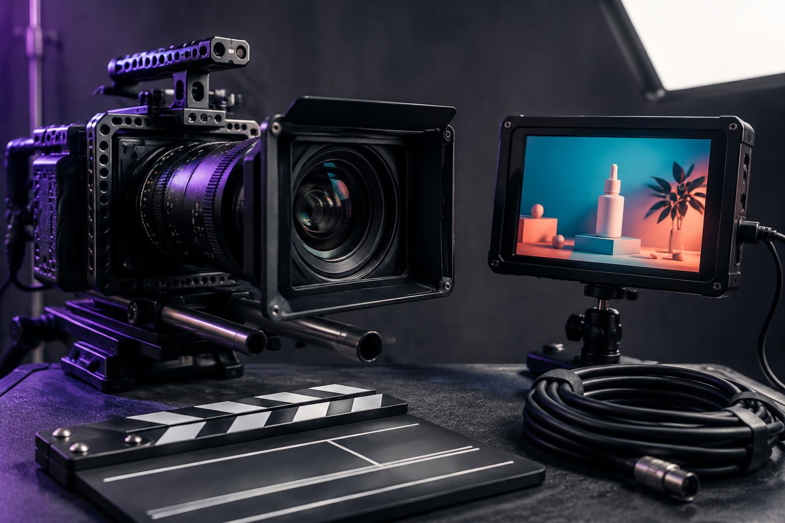 Cinema camera, field monitor, and clapperboard in a production studio